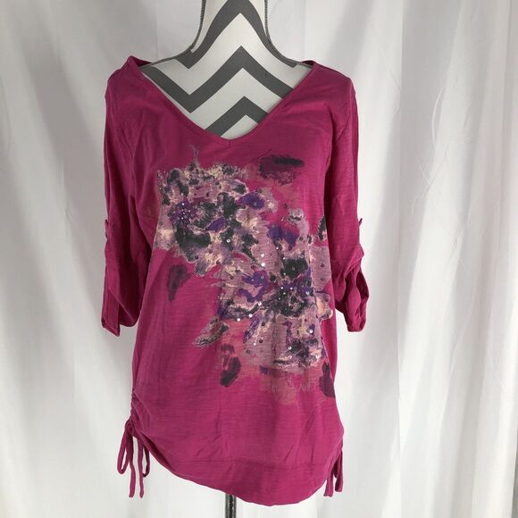 Dkny Tops - DKNY Floral T-Shirt Sz L Roll Tab Sleeve Cinched Sides Pink